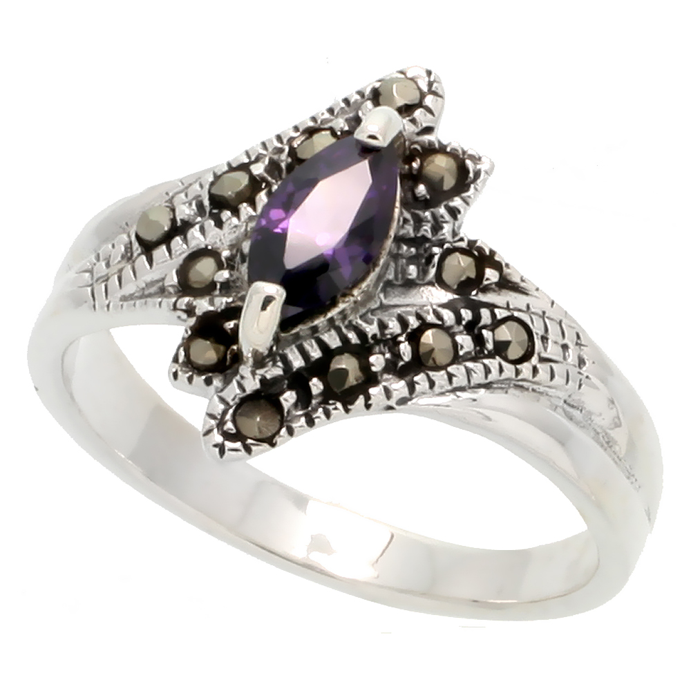 Sterling Silver Marcasite Freeform Ring, w/ Marquise Cut Amethyst CZ, 11/16" (18 mm) wide