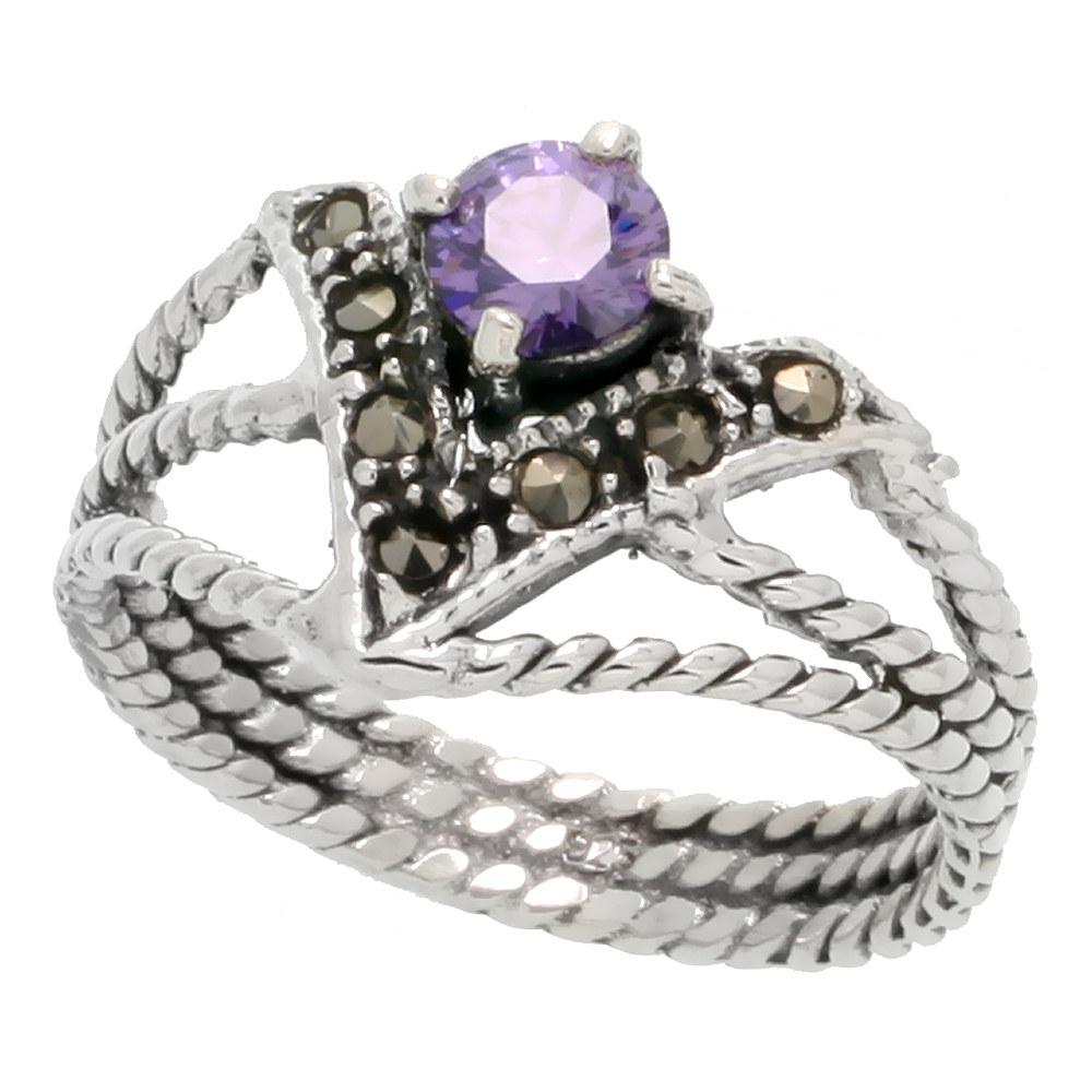 Sterling Silver Marcasite V-shaped Ring, w/ Brilliant Cut Amethyst CZ, 5/8" (16 mm) wide