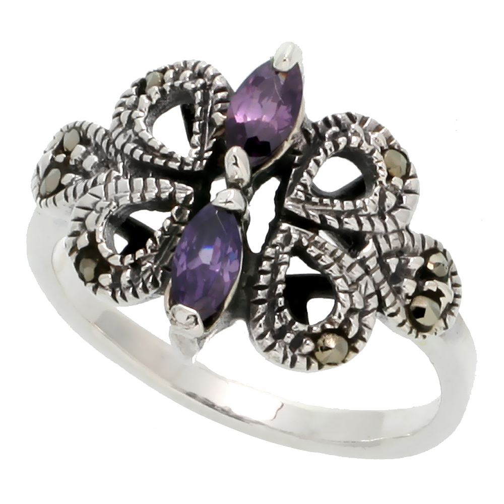 Sterling Silver Marcasite Butterfly Ring, w/ Marquise Cut Amethyst CZ, 9/16" (15 mm) wide