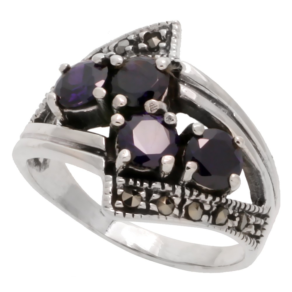 Sterling Silver Marcasite Freeform Ring, w/ Brilliant Cut Amethyst CZ, 5/8" (16 mm) wide