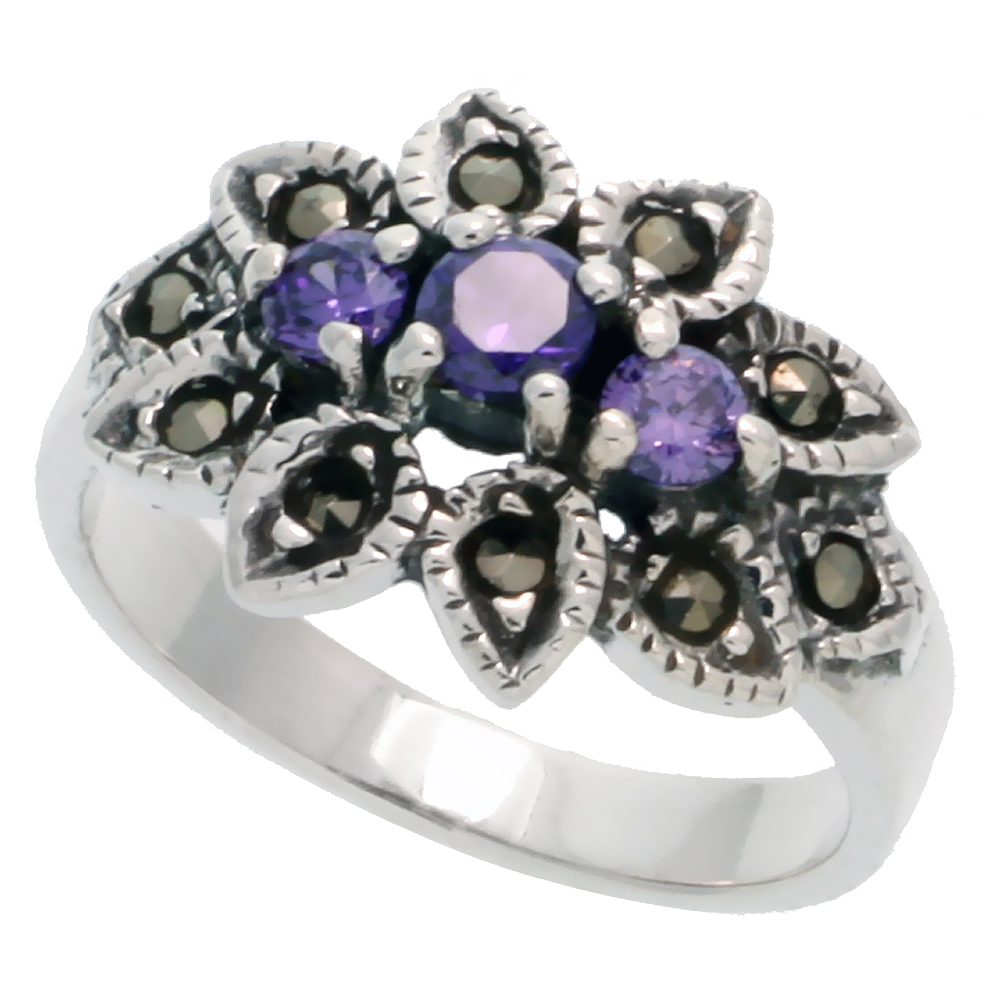 Sterling Silver Marcasite Floral Ring, w/ Brilliant Cut Amethyst CZ, 5/8" (16 mm) wide