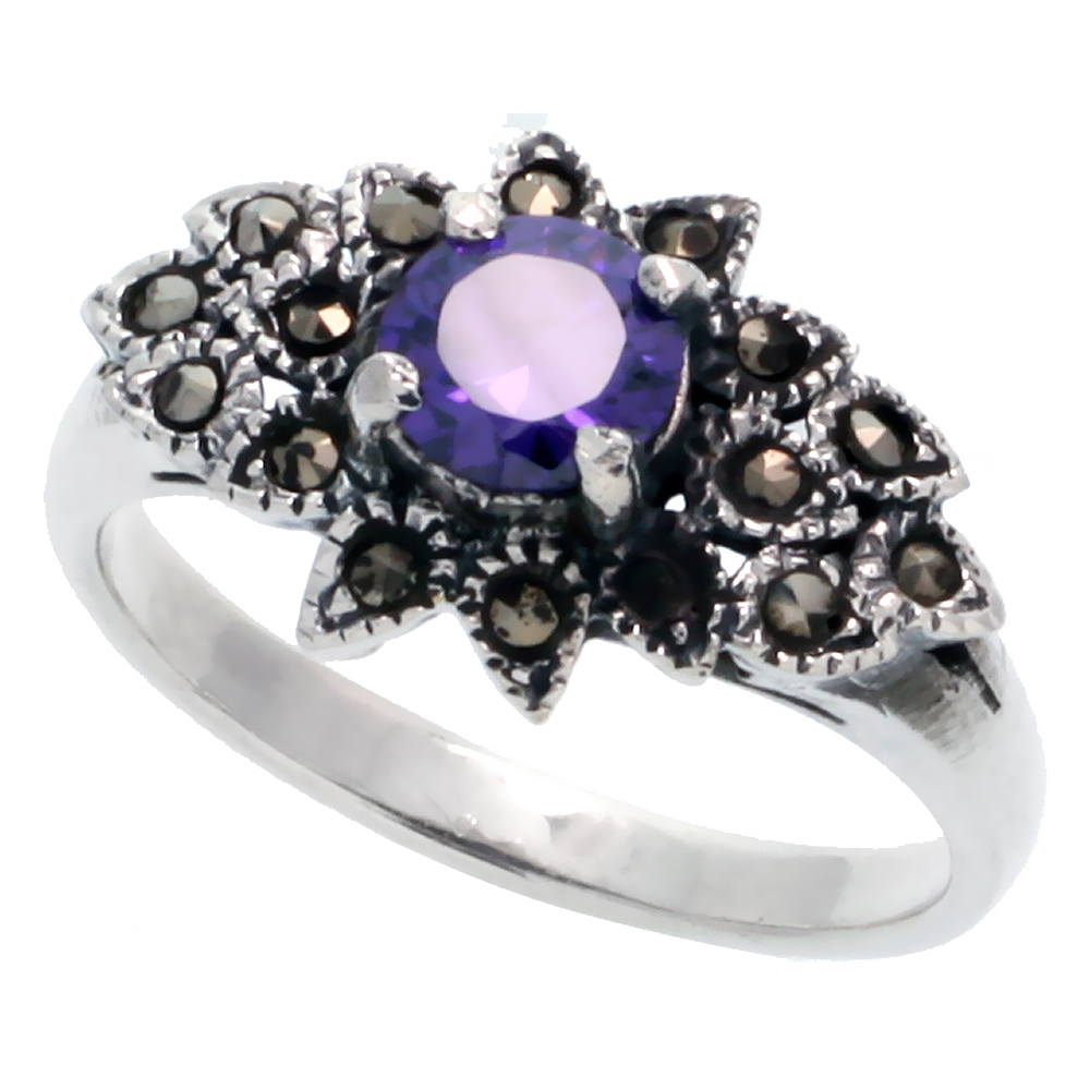 Sterling Silver Marcasite Floral Ring, w/ Brilliant Cut Amethyst CZ, 9/16" (14 mm) wide