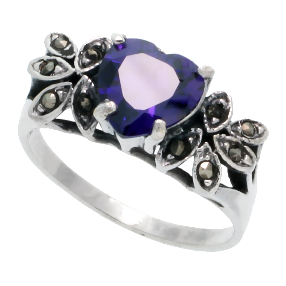Sterling Silver Marcasite Heart Ring, w/ Amethyst CZ, 3/8" (10 mm) wide
