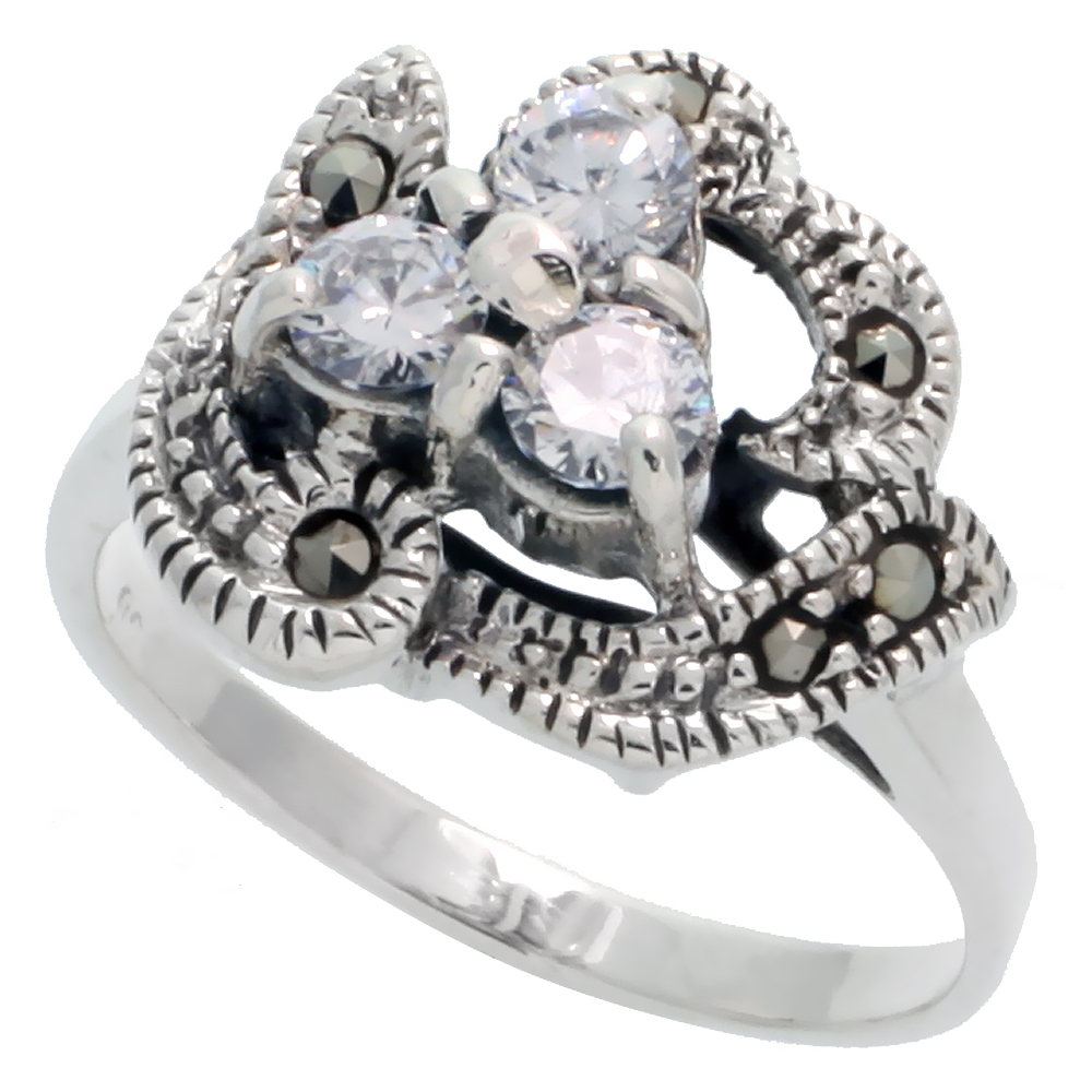 Sterling Silver Marcasite Freeform Ring, w/ Brilliant Cut CZ Stones, 11/16" (17 mm) wide