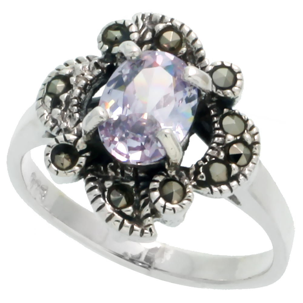 Sterling Silver Marcasite Freeform Ring, w/ Oval Cut Light Amethyst CZ, 9/16" (14 mm) wide