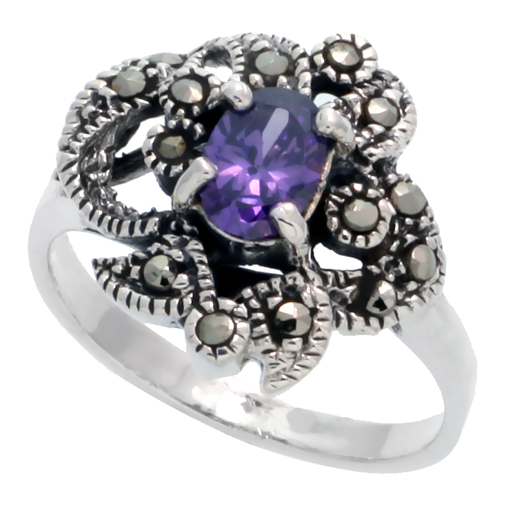 Sterling Silver Marcasite Freeform Ring, w/ Oval Cut Amethyst CZ, 1/2" (13 mm) wide