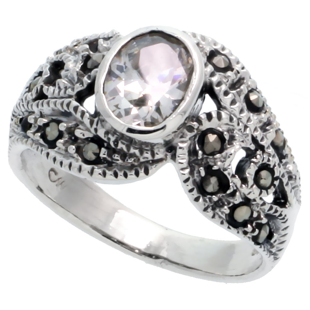 Sterling Silver Marcasite Freeform Ring, w/ Oval Cut Amethyst CZ, 1/2" (13 mm) wide