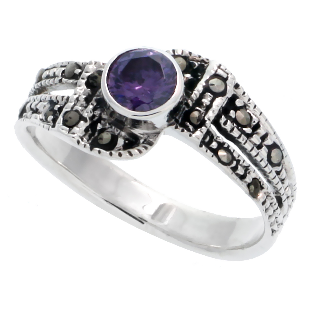 Sterling Silver Marcasite Freeform Ring, w/ Oval Cut Amethyst CZ, 9/16" (14 mm) wide