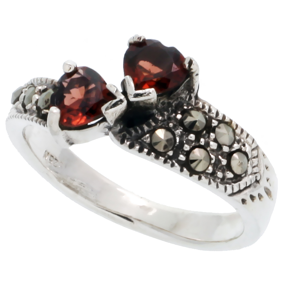Sterling Silver Marcasite Double Heart Ring, w/ Natural Garnet, 3/8" (10 mm) wide