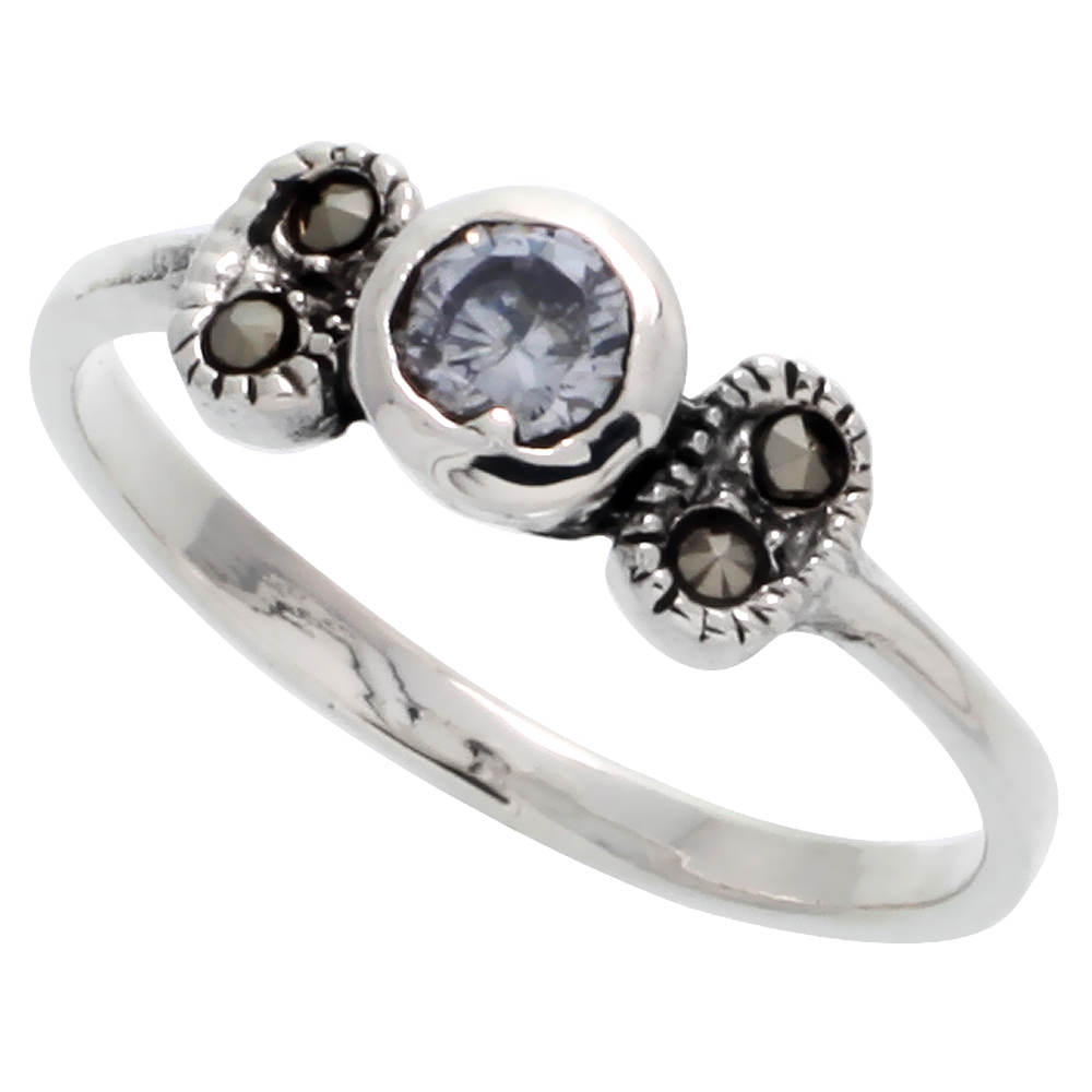 Sterling Silver Marcasite Thin Ring, w/ Brilliant Cut CZ Stone, 3/16" (5 mm) wide
