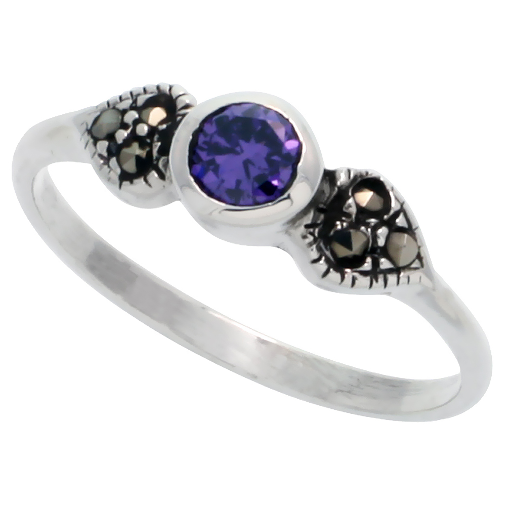 Sterling Silver Marcasite Double Heart Ring, w/ Brilliant Cut Amethyst CZ, 3/16" (5 mm) wide