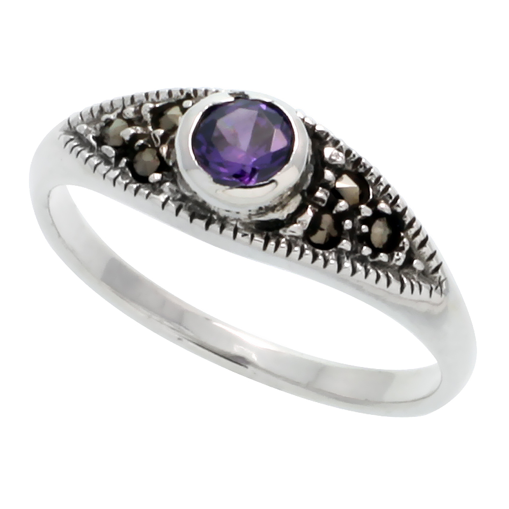 Sterling Silver Marcasite Thin Ring, w/ Brilliant Cut Amethyst CZ, 3/16" (5 mm) wide
