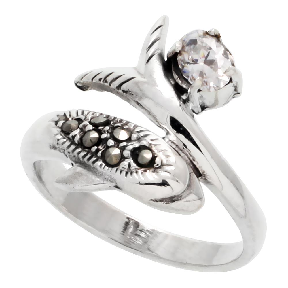 Sterling Silver Marcasite Dolphin Ring, w/ Oval Cut CZ Stone, 3/4" (19 mm) wide