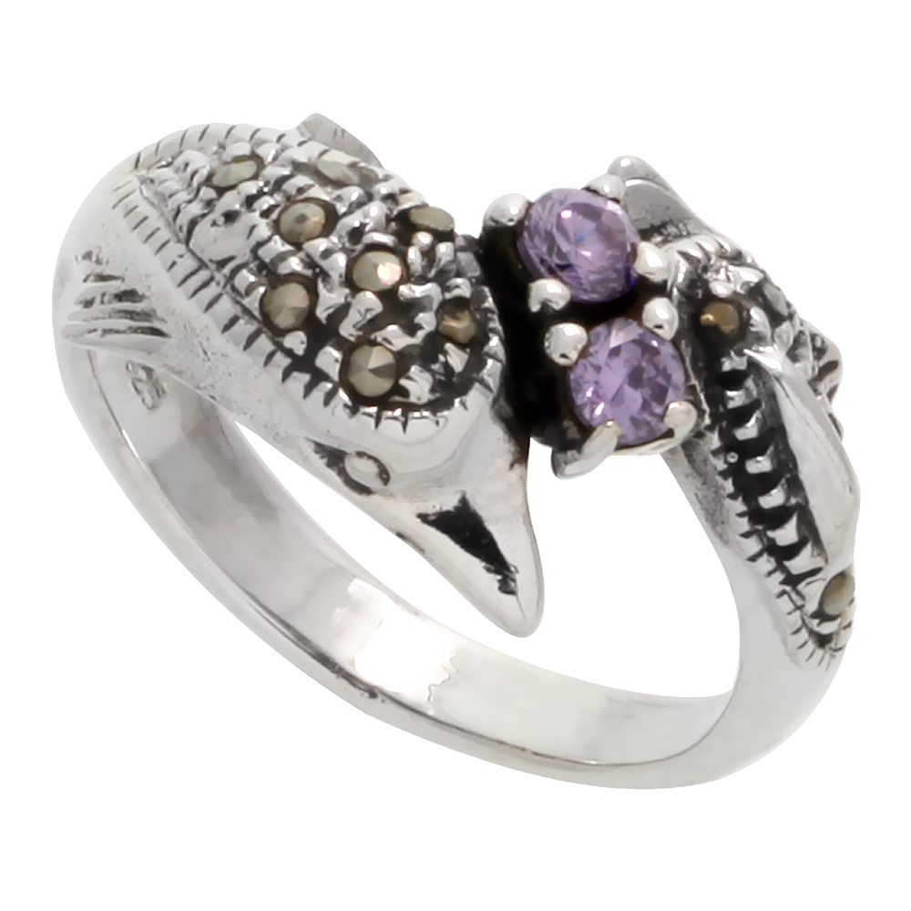 Sterling Silver Marcasite Dolphin Ring, w/ Brilliant Cut Amethyst CZ, 7/16" (11 mm) wide
