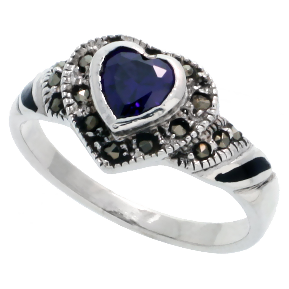 Sterling Silver Marcasite Heart Ring, w/ Amethyst CZ, 3/8" (10 mm) wide