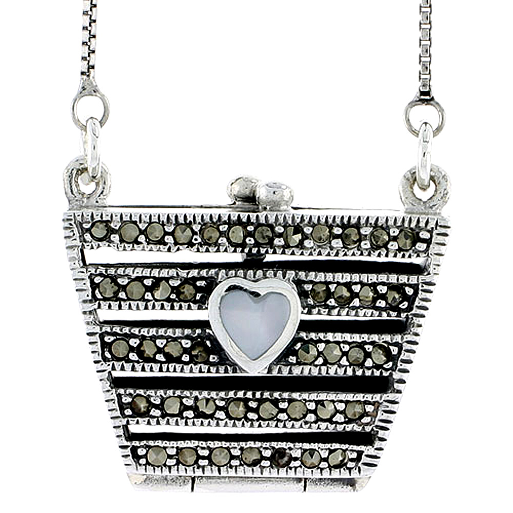 Sterling Silver Filigree Purse Locket Prayer Box Marcasite Mother of Pearl