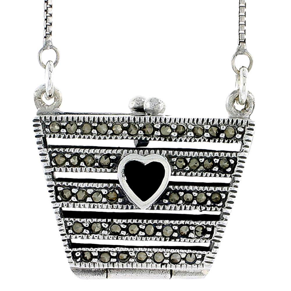 Sterling Silver Filigree Purse Locket Prayer Box Marcasite Black Obsidian