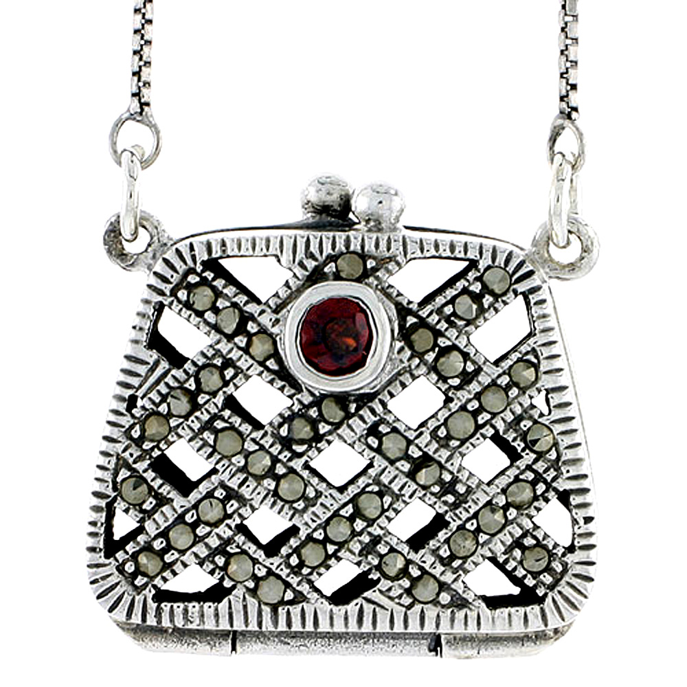Sterling Silver Filigree Purse Locket Prayer Box Marcasite Natural Garnet