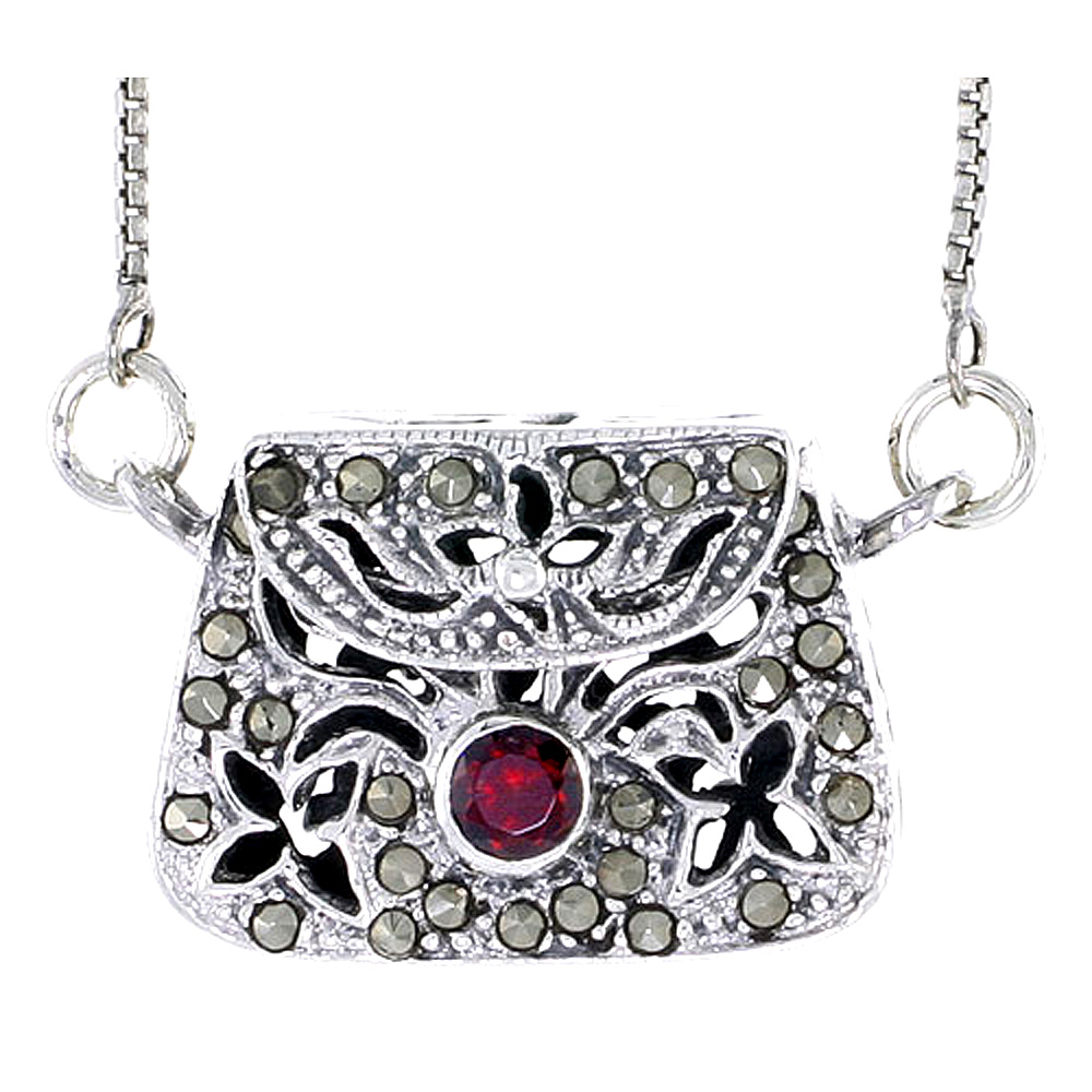 Sterling Silver Filigree Purse Locket Prayer Box Marcasite Natural Garnet