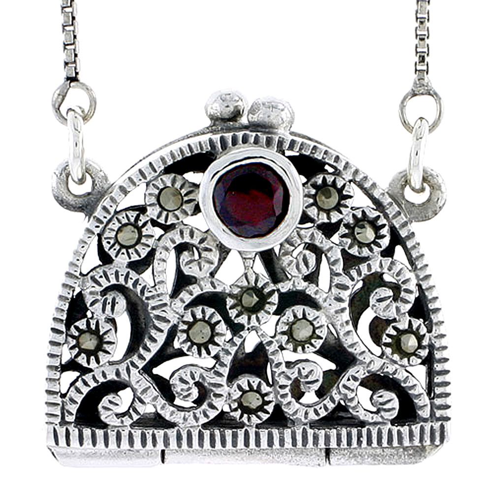 Sterling Silver Filigree Purse Locket Prayer Box Marcasite Natural Garnet