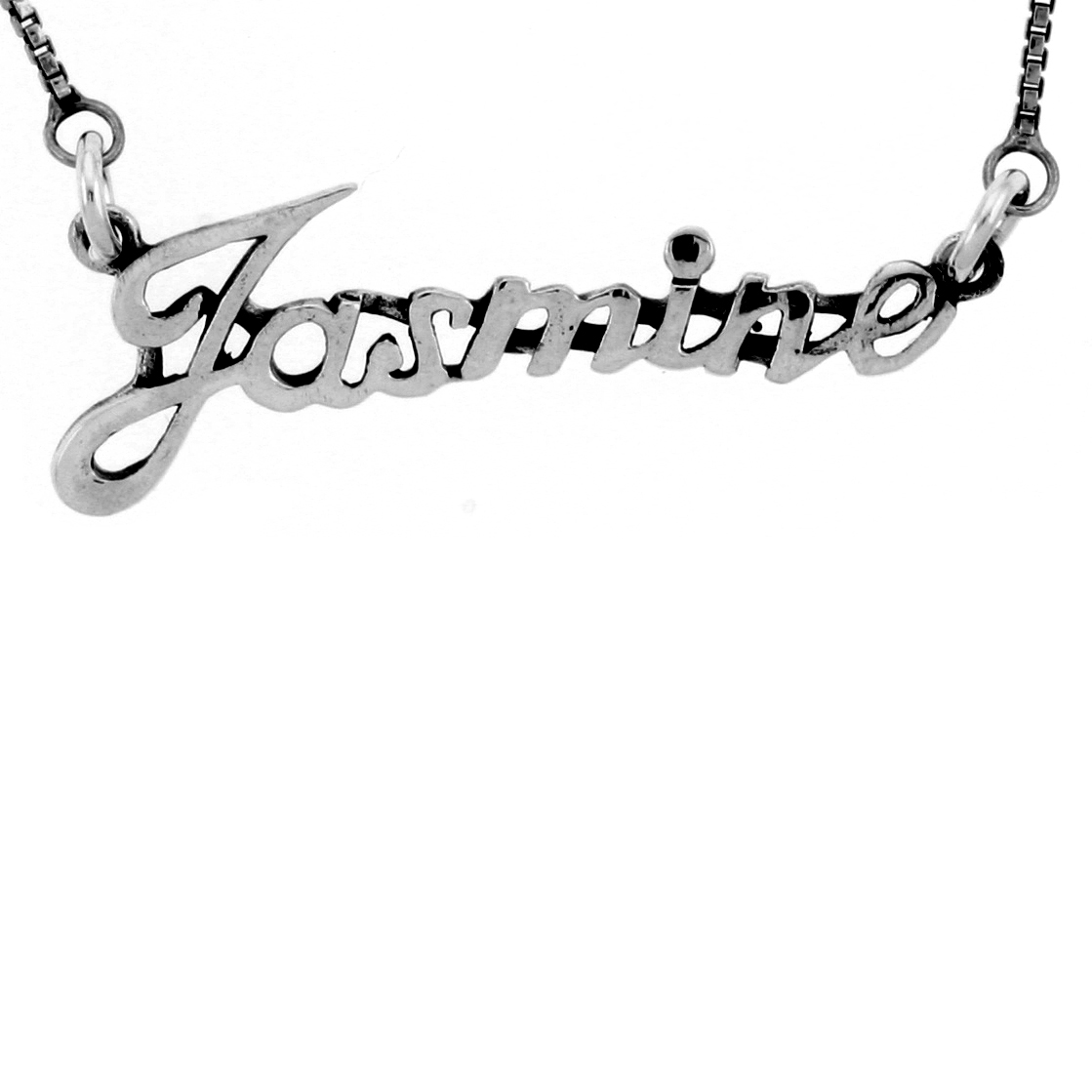 Sterling Silver Name Necklace Jasmine 3/8 Inch, 17 Inches Long