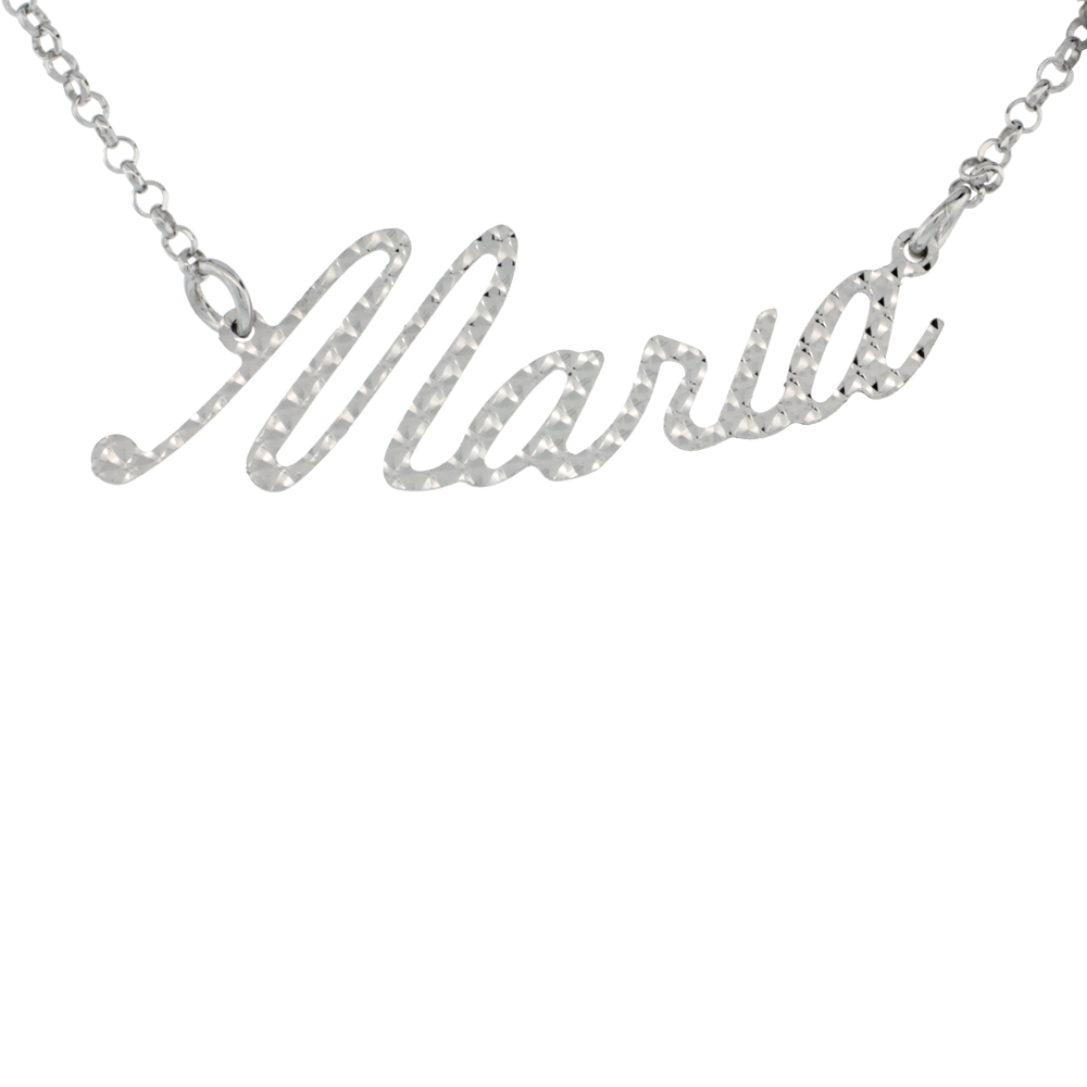 Sterling Silver Name Necklace Maria Diamond Cut Platinum Coated Italy, about 3/4 Inch wide 16 Inches + 2 inch extension