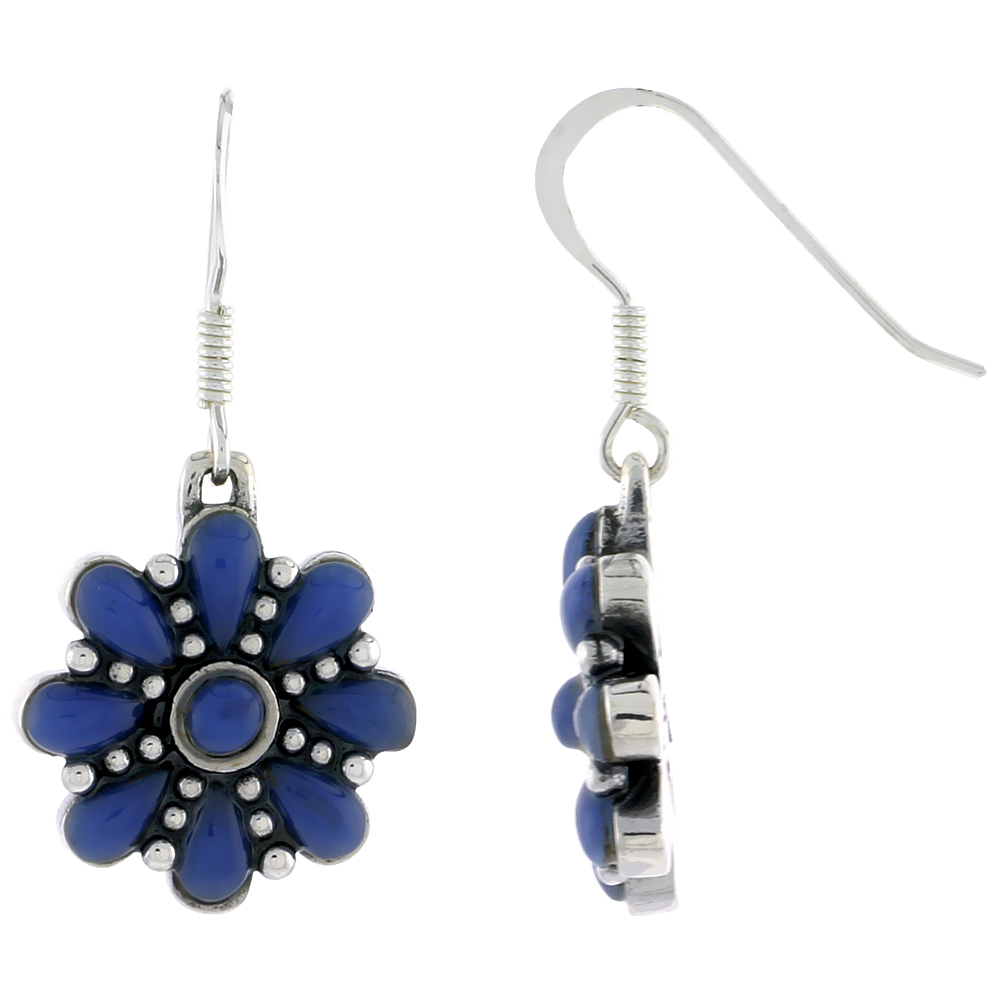 Sterling Silver Round & Teardrop Blue Resin Dangiling Earrings, 3/4 inch long