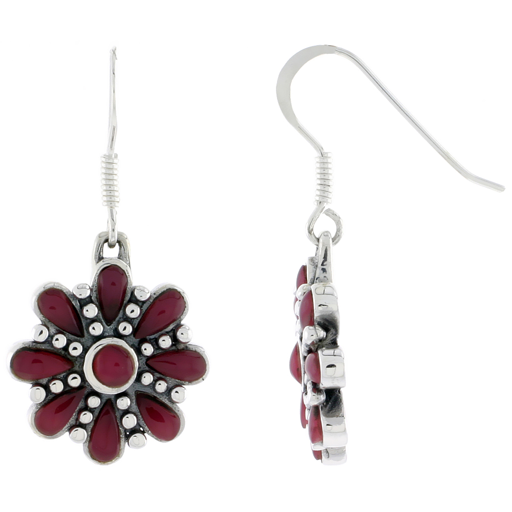 Sterling Silver Round & Teardrop Red Resin Dangling Earrings, 3/4 inch long