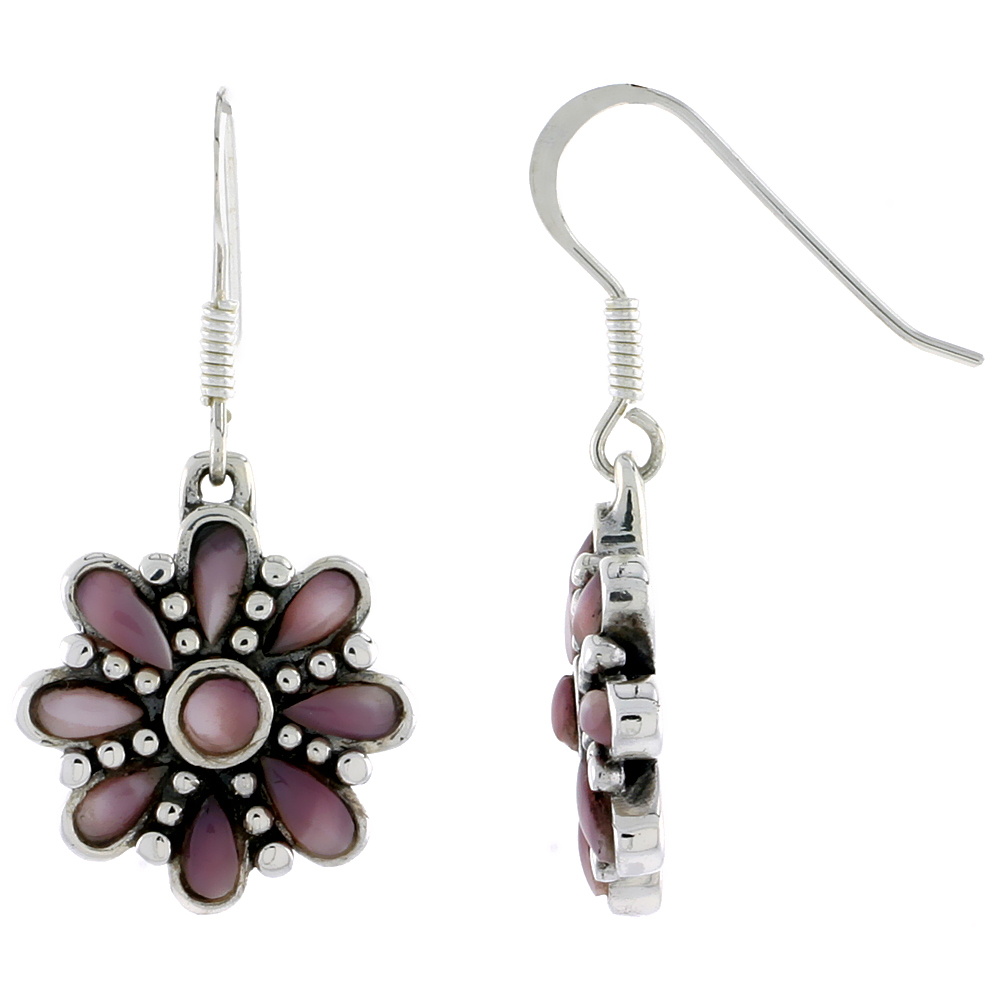 Sterling Silver Round & Teardrop Pink Mother of Pearl Dangling Earrings, 3/4 inch long