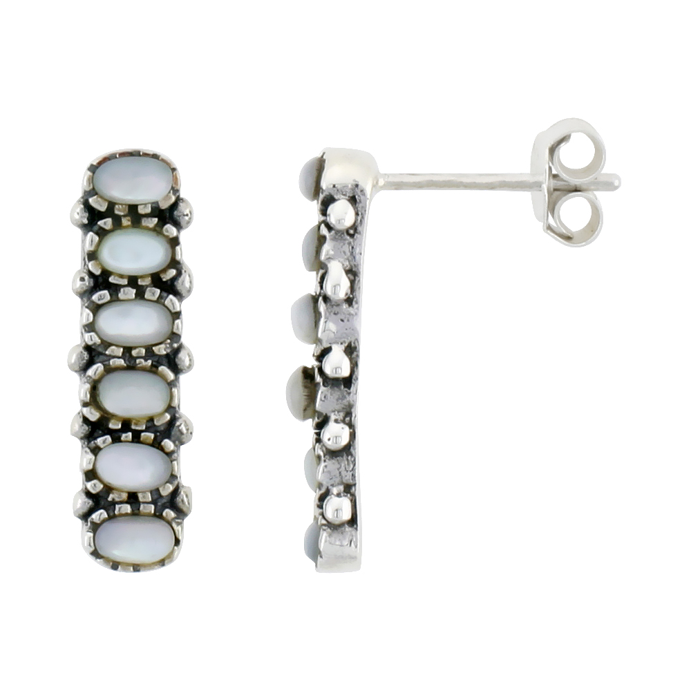 Sterling Silver Oxidized Post Earrings, w/ Six 3 x 2 mm Oval-shaped Mother of Pearls, 3/4" (19 mm) tall