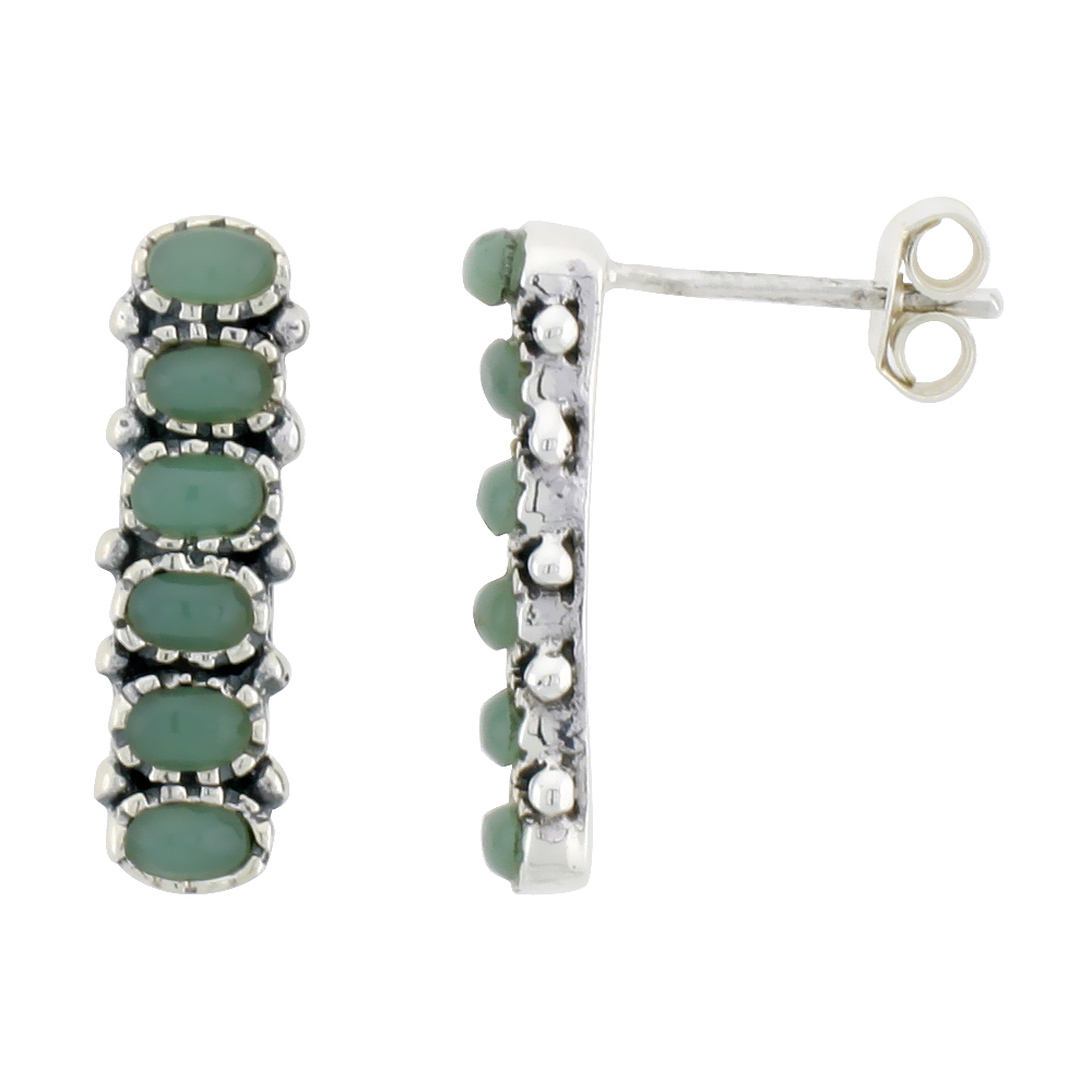 Sterling Silver Oxidized Post Earrings, w/ Six 3 x 2 mm Oval-shaped Green Resin, 3/4" (19 mm) tall