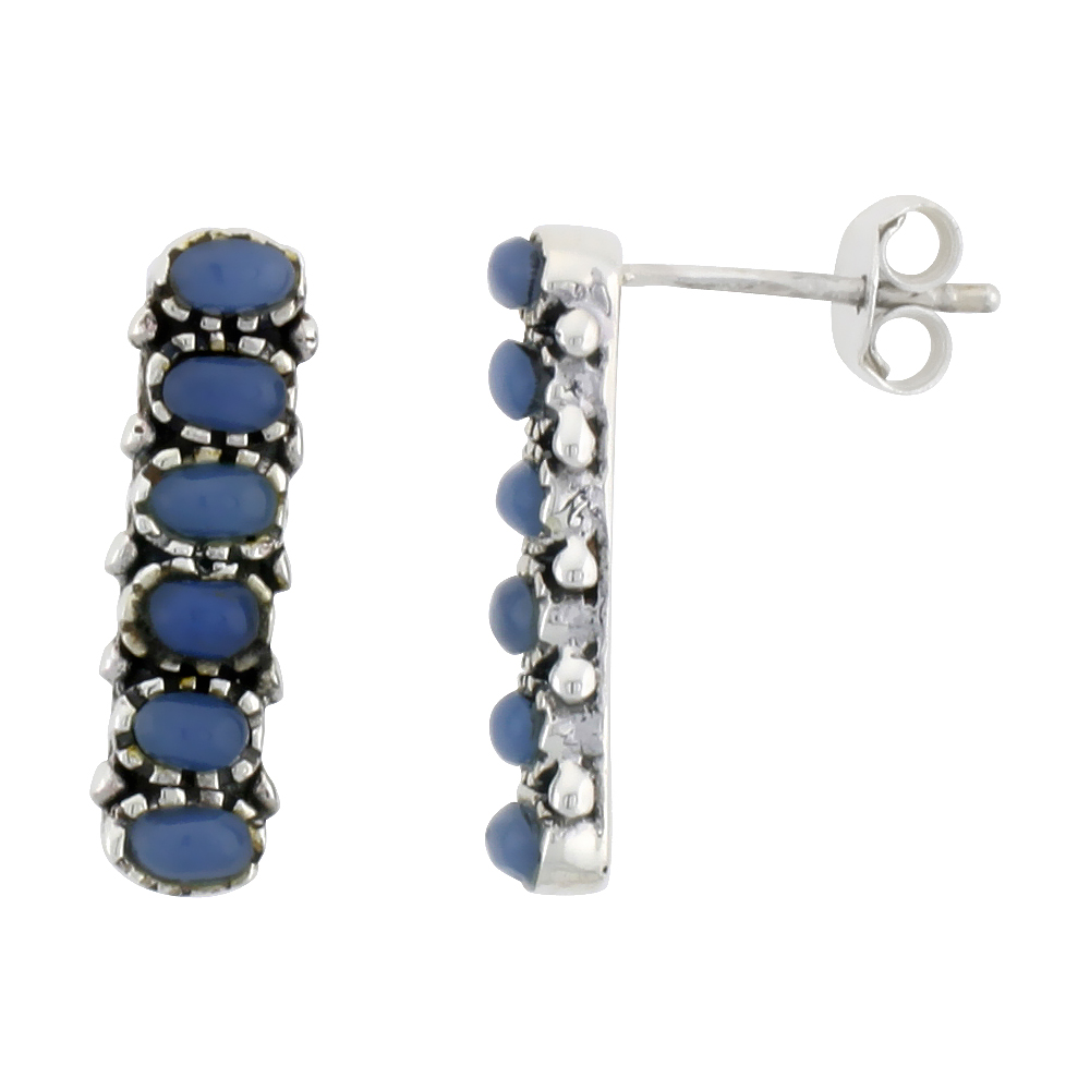 Sterling Silver Oxidized Post Earrings, w/ Six 3 x 2 mm Oval-shaped Blue Resin, 3/4" (19 mm) tall