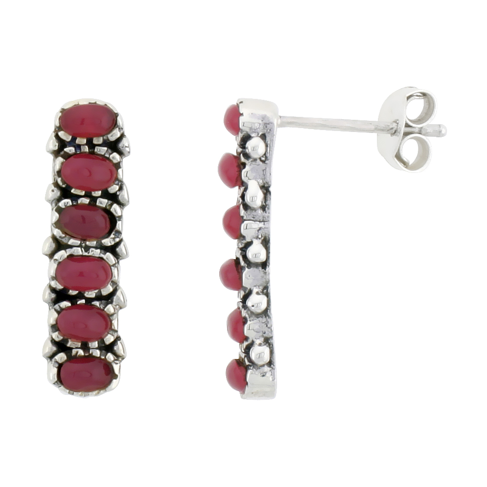 Sterling Silver Oxidized Post Earrings, w/ Six 3 x 2 mm Oval-shaped Red Resin, 3/4" (19 mm) tall