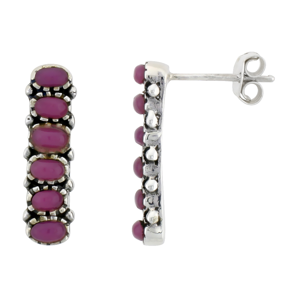 Sterling Silver Oxidized Post Earrings, w/ Six 3 x 2 mm Oval-shaped Purple Resin, 3/4" (19 mm) tall
