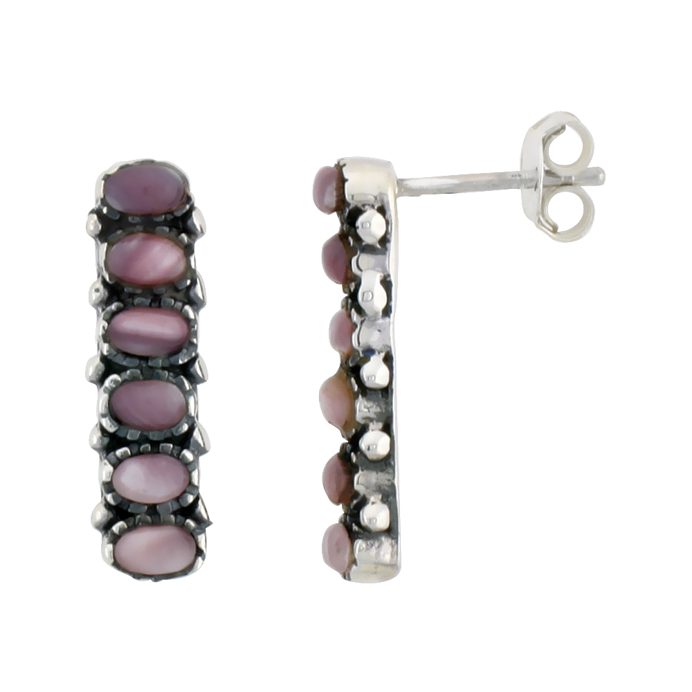 Sterling Silver Oxidized Post Earrings, w/ Six 3 x 2 mm Oval-shaped Pink Mother of Pearls, 3/4" (19 mm) tall