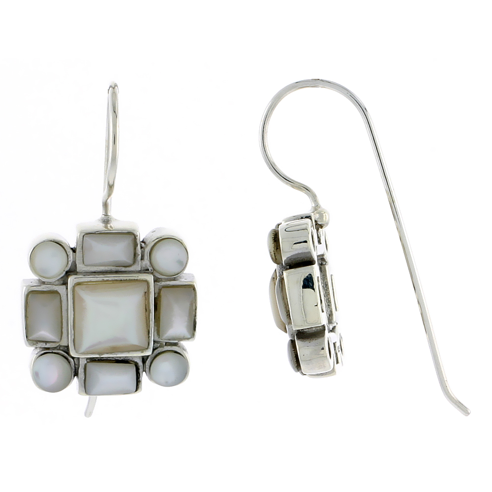 Sterling Silver Round & Rectangular Mother of Pearl Dangling Earrings with 6mm Center, 1/2 inch long