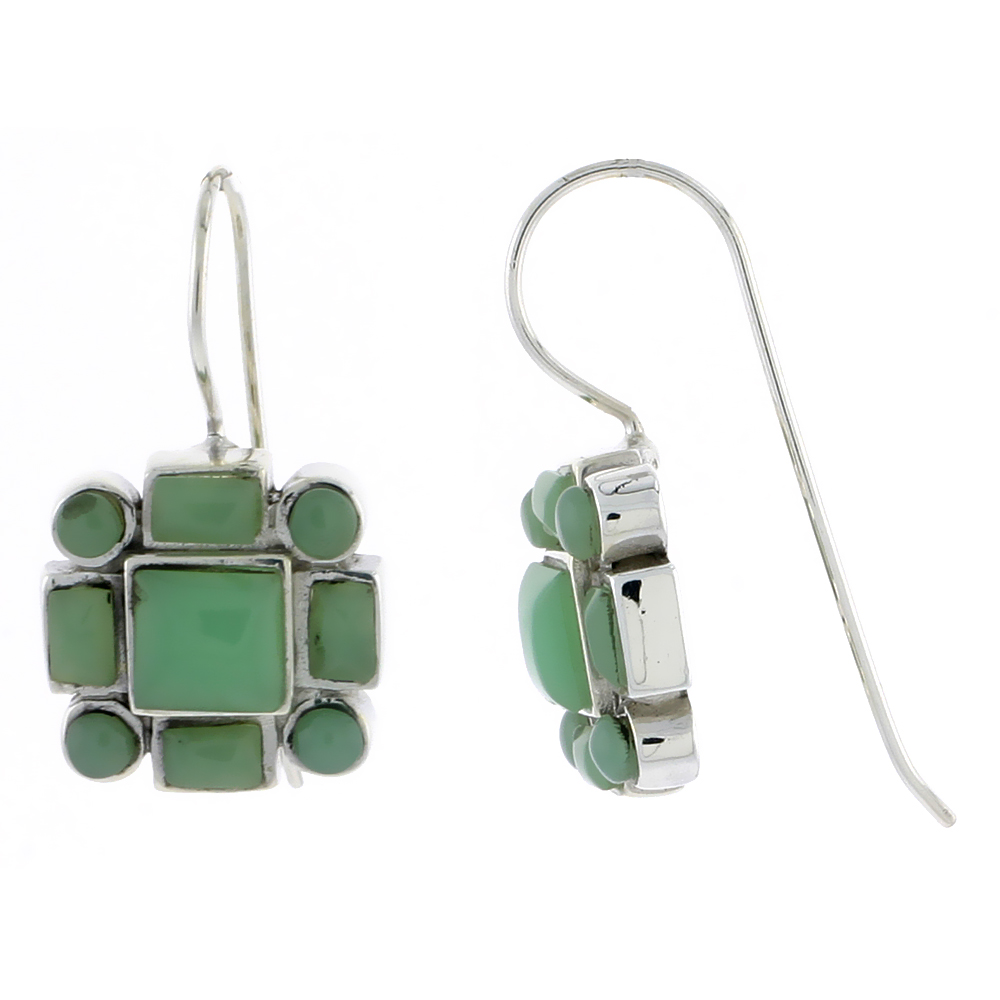 Sterling Silver Round & Rectangular Green Resin Dangling Earrings with 6mm Center, 1/2 inch long