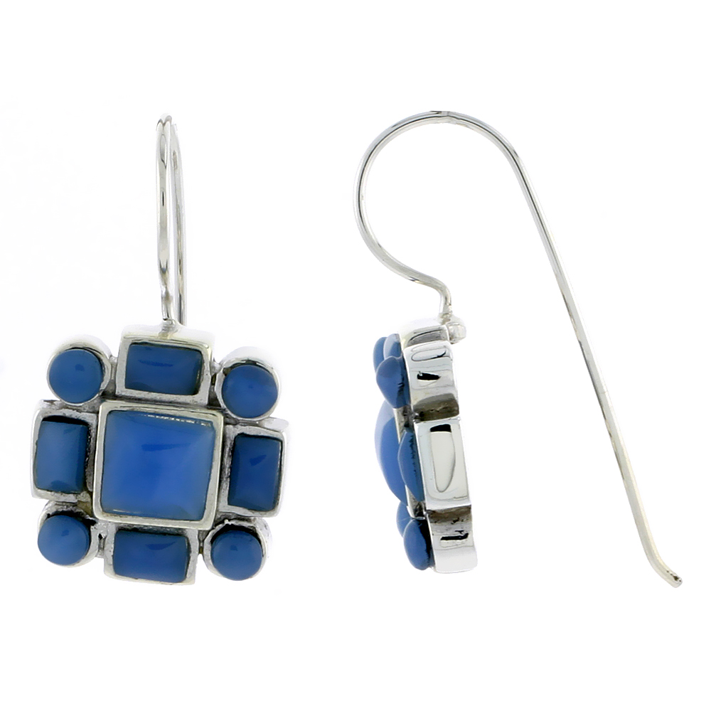 Sterling Silver Round & Rectangular Blue Resin Dangling Earrings with 6mm Center, 1/2 inch long