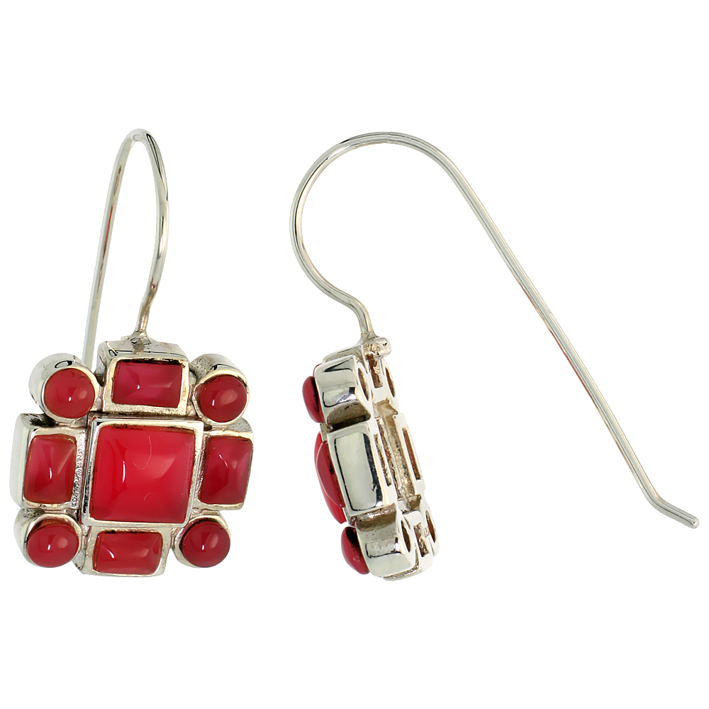 Sterling Silver Round & Rectangular Red Resin Dangling Earrings with 6mm Center, 1/2 inch long