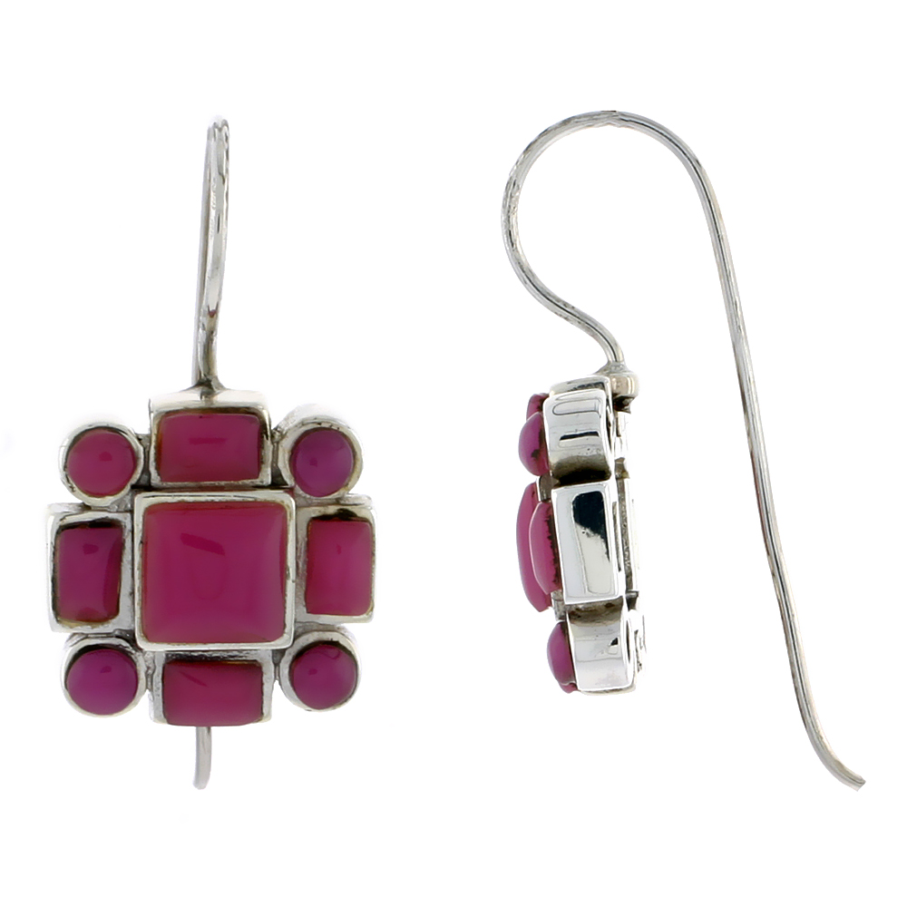 Sterling Silver Round & Rectangular Purple Resin Dangling Earrings with 6mm Center, 1/2 inch long