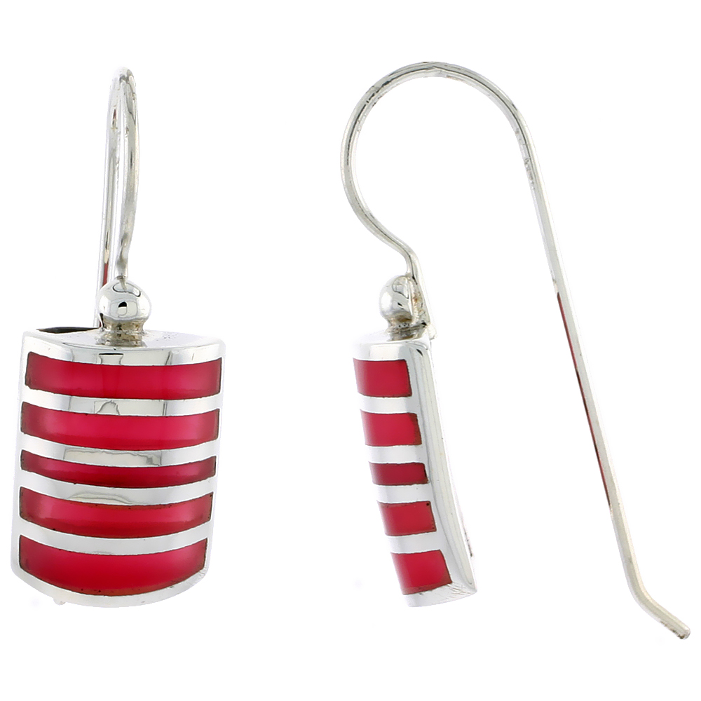 Sterling Silver Hook Earrings, w/ Red Resin, 5/8" (16 mm) tall