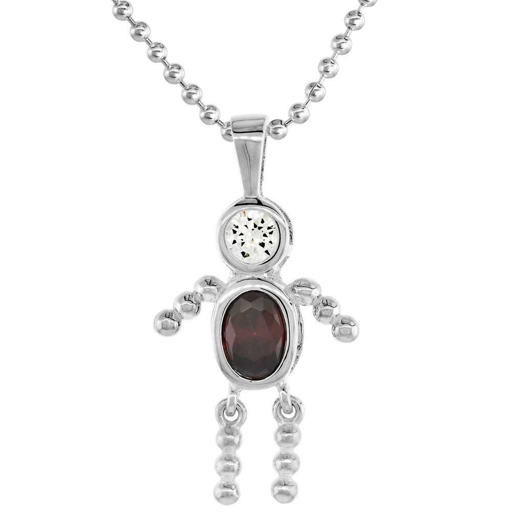 Sterling Silver Birthstone Necklace January Baby Brat Boy Garnet Color Cubic Zirconia, 16 inch
