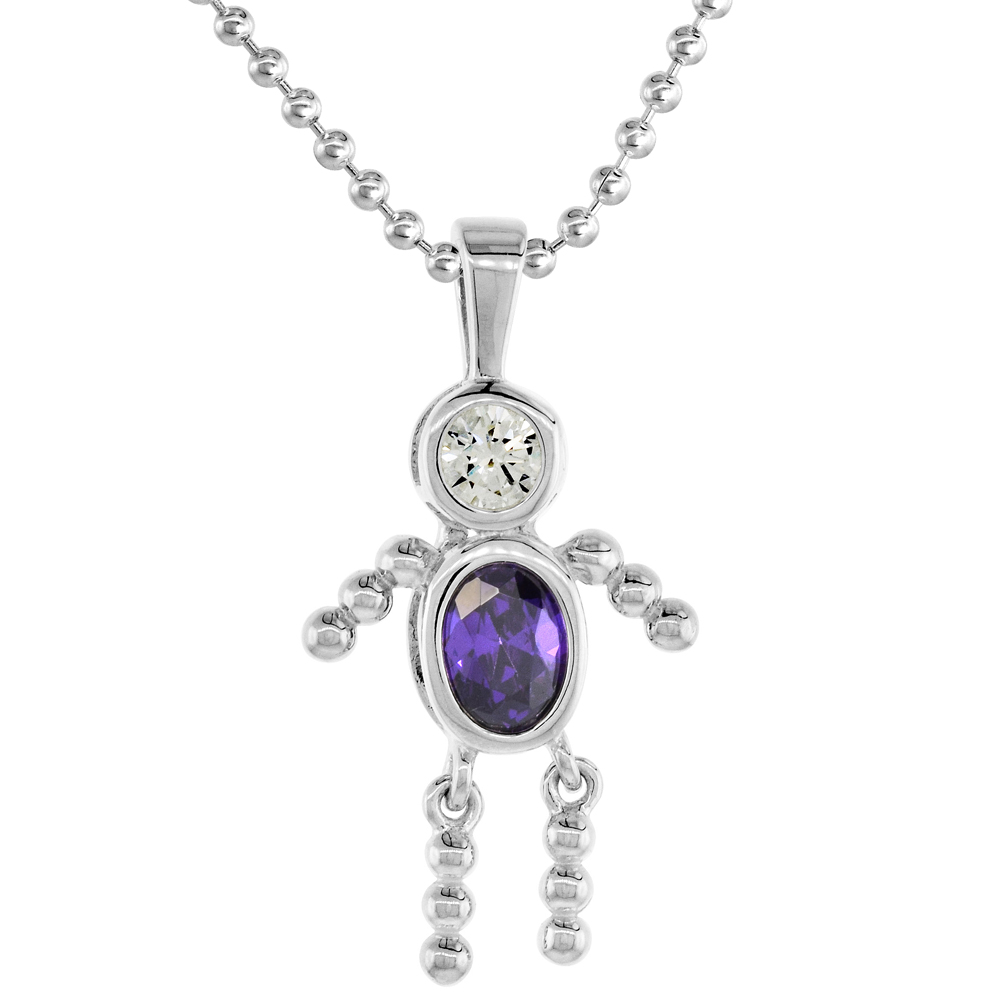 Sterling Silver Birthstone Necklace February Baby Brat Boy Amethyst Color Cubic Zirconia, 16 inch