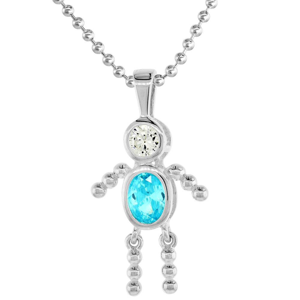 Sterling Silver Birthstone Necklace March Baby Brat Boy Aquamarine Color Cubic Zirconia, 16 inch