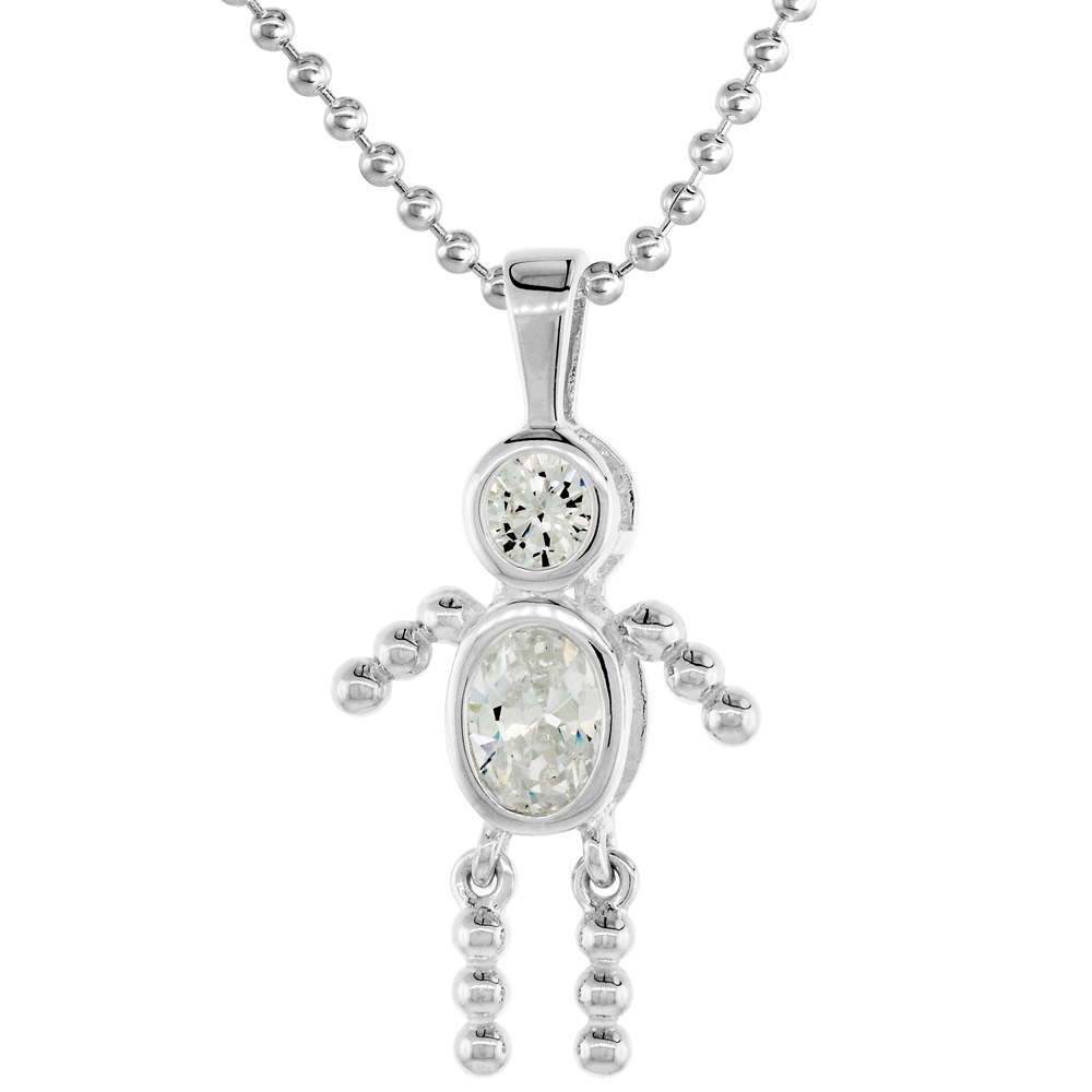 Sterling Silver Birthstone Necklace April Baby Brat Boy Clear Color Cubic Zirconia, 16 inch