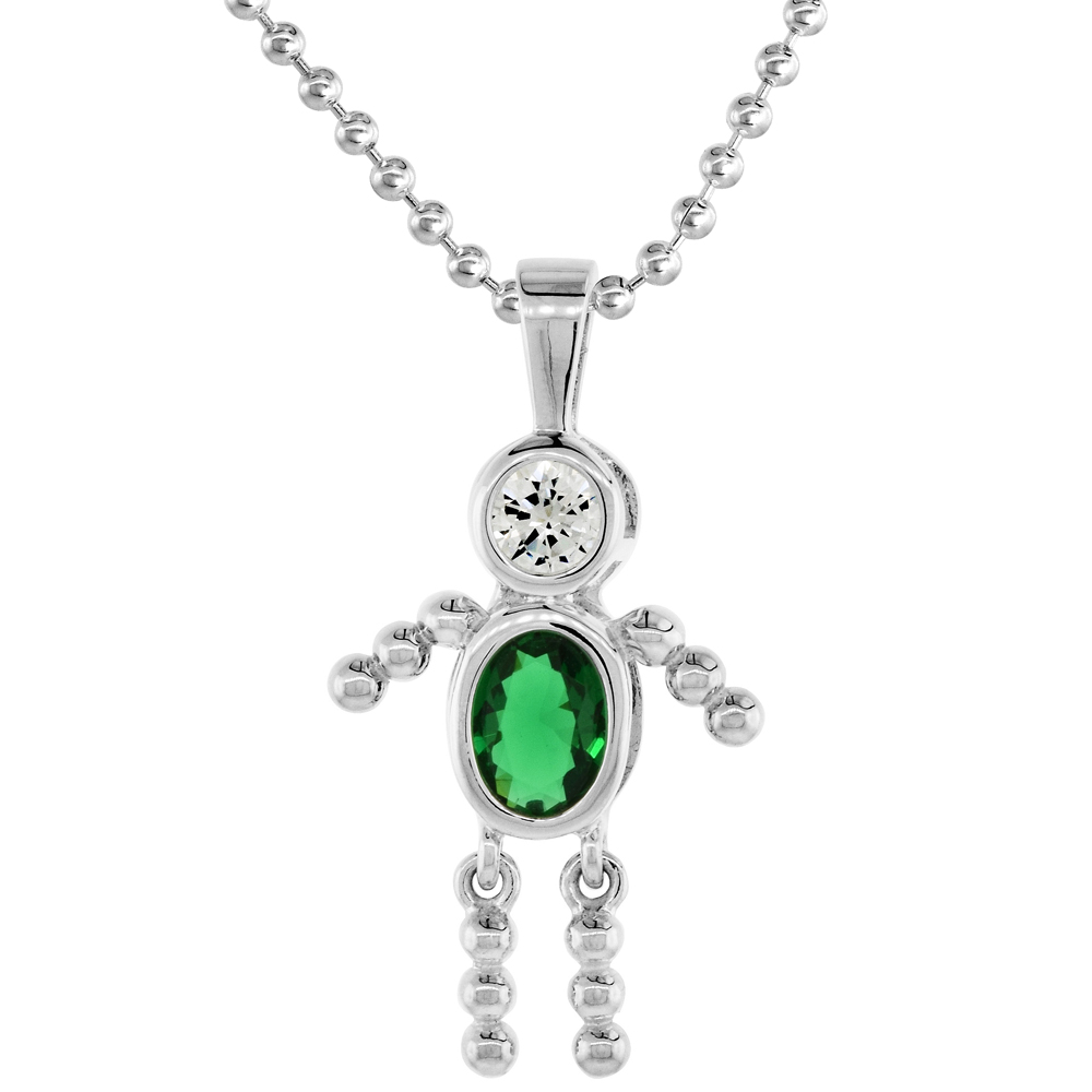 Sterling Silver Birthstone Necklace May Baby Brat Boy Emerald Color Cubic Zirconia, 16 inch