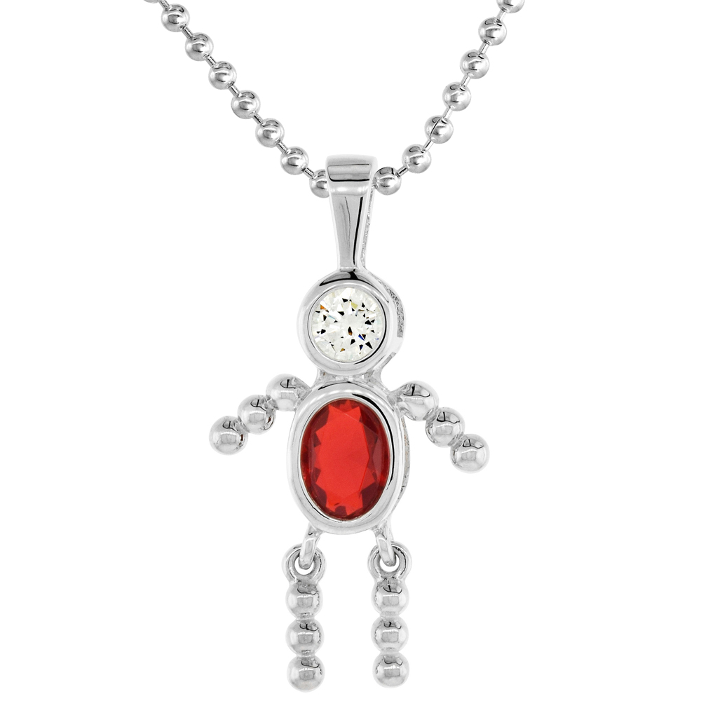 Sterling Silver Birthstone Necklace July Baby Brat Boy Ruby Color Cubic Zirconia, 16 inch