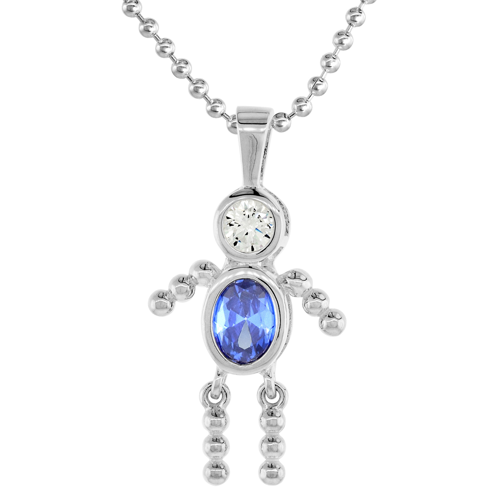 Sterling Silver Birthstone Necklace September Baby Brat Boy Blue Sapphire Color Cubic Zirconia, 16 inch