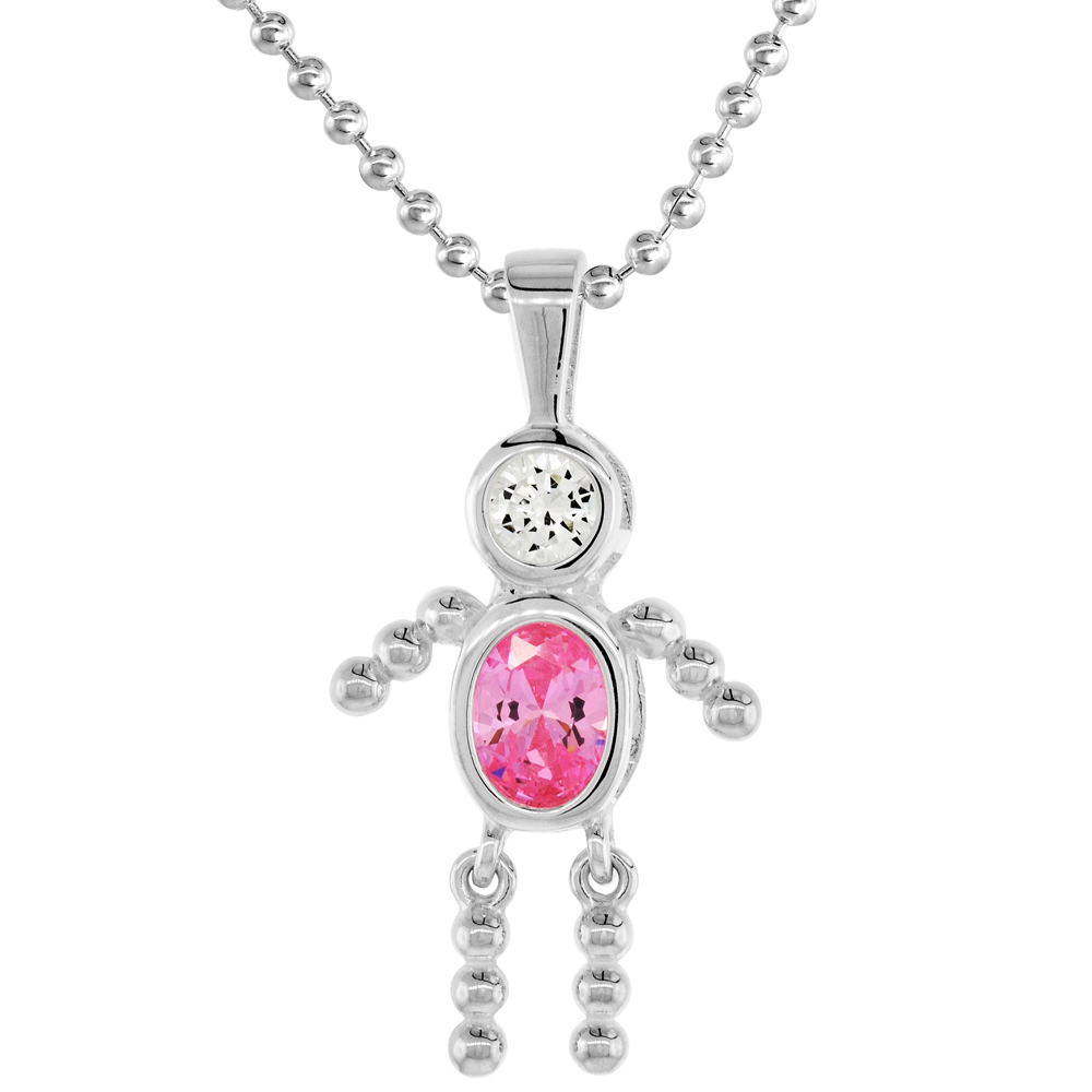 Sterling Silver Birthstone Necklace October Baby Brat Boy Pink Tourmaline Color Cubic Zirconia, 16 inch