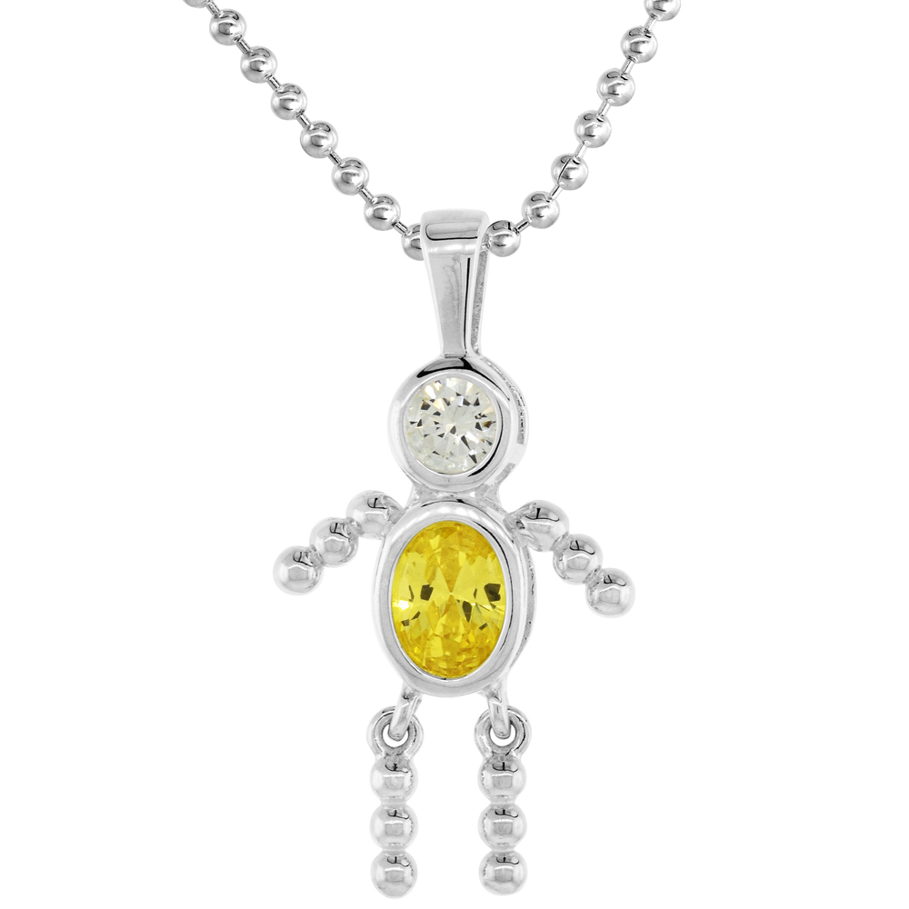Sterling Silver Birthstone Necklace November Baby Brat Boy Citrine Color Cubic Zirconia, 16 inch